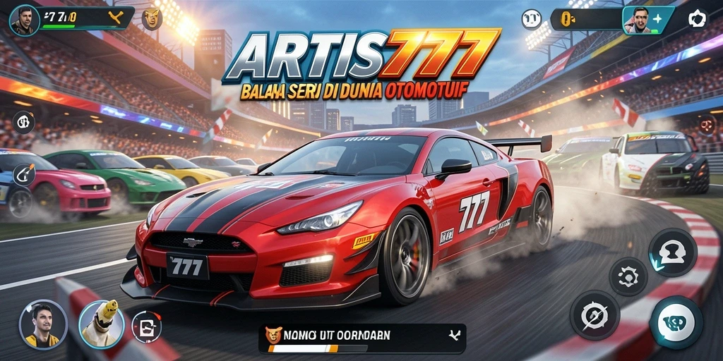 Screenshot utama ARTIS777 menampilkan aksi balapan yang mendebarkan dengan mobil di trek.
