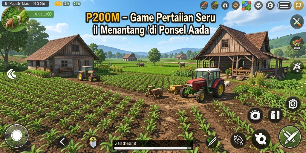 Tampilan gameplay P200M yang menampilkan ladang subur dan aktivitas pertanian.