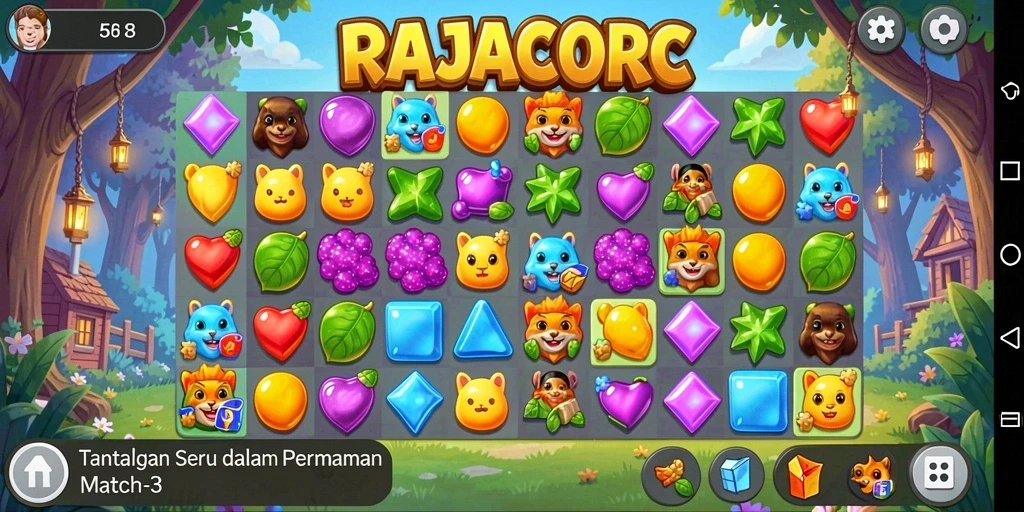 Tampilan gameplay seru di RAJACORC dengan kombinasi Match-3.