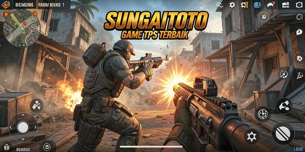 Tampilan utama SUNGAITOTO menunjukkan aksi tembak-menembak yang seru.