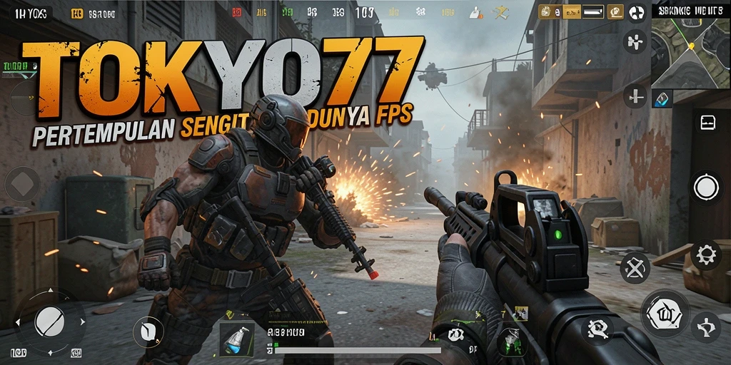 Screenshot gameplay TOKYO77 yang menampilkan aksi seru dalam pertempuran FPS.